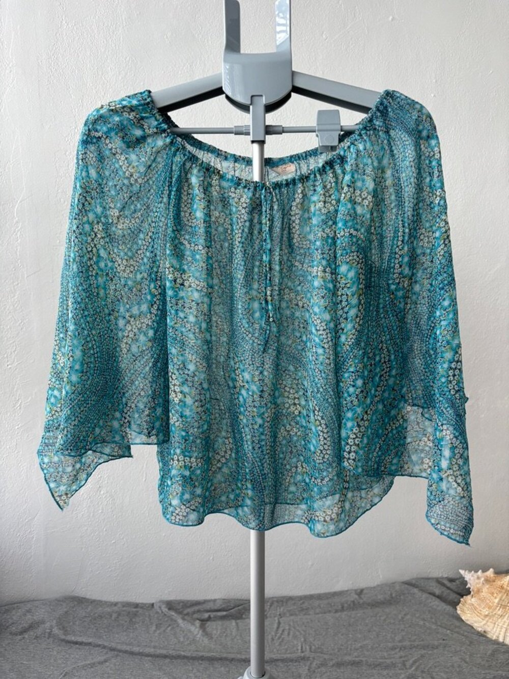 VTG 80s One Cone Sheer Floral Peasant Blouse Mosaic Festival Flutter Sleeve M